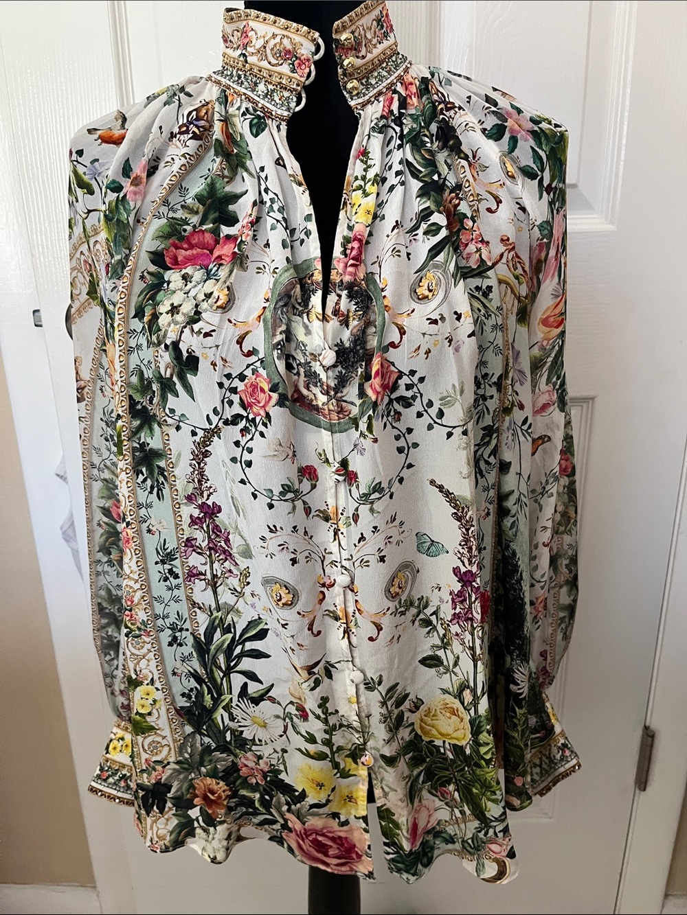 Camilla NWT Renaissance Romance ragland button silk shirt high neck jewels Small - Picture 1 of 16